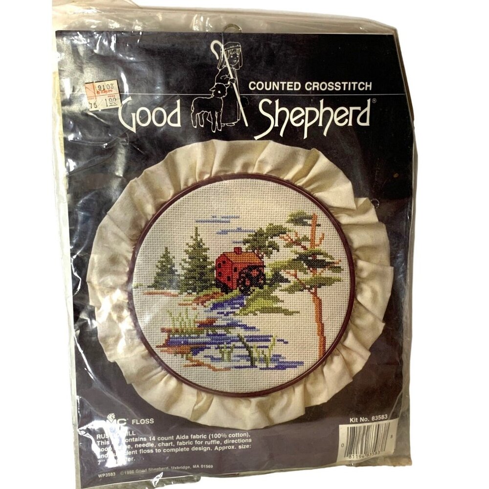 Good Shepherd Rustic Mill Counted Cross Stitch Kit Hoop Frame 7" Diameter 1986